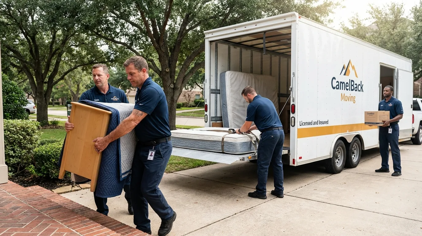 Crew loading residential truck for cross-state move from Lake Mills, WI