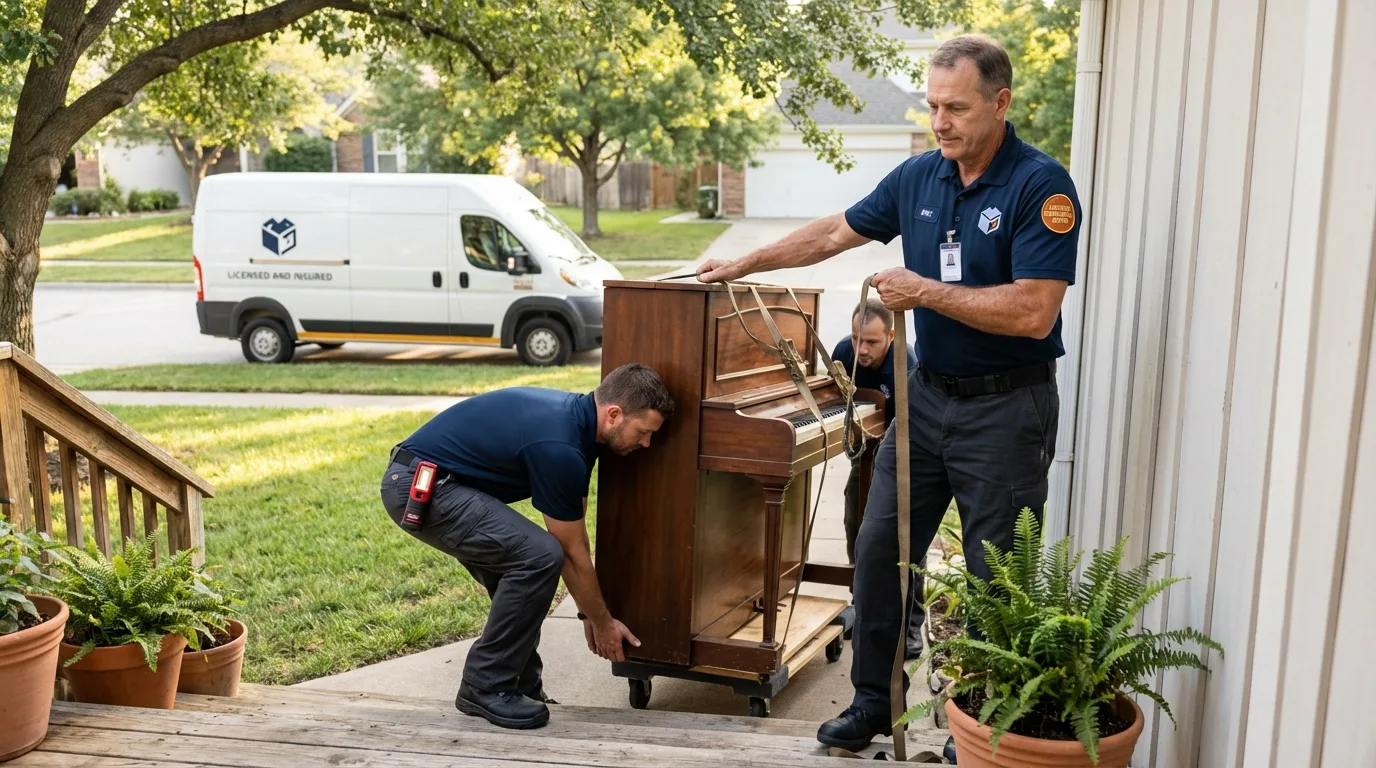 Licensed piano movers securing grand piano in Lake Mills, WI