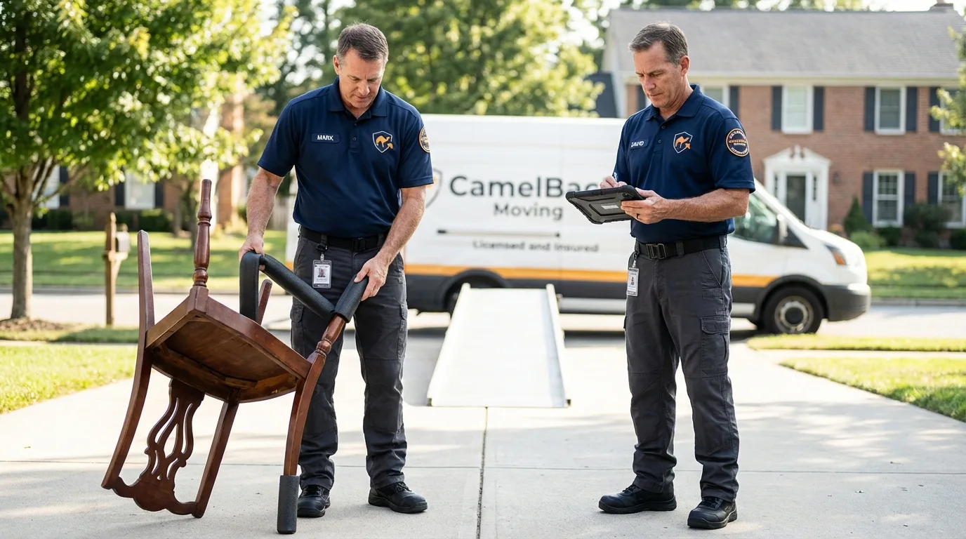 Movers inspecting furniture for damage prevention before loading in Lake Mills, WI