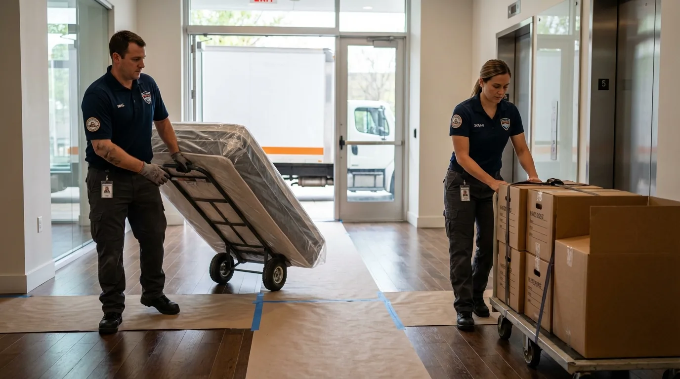Professional apartment movers loading elevator in Lake Mills, WI