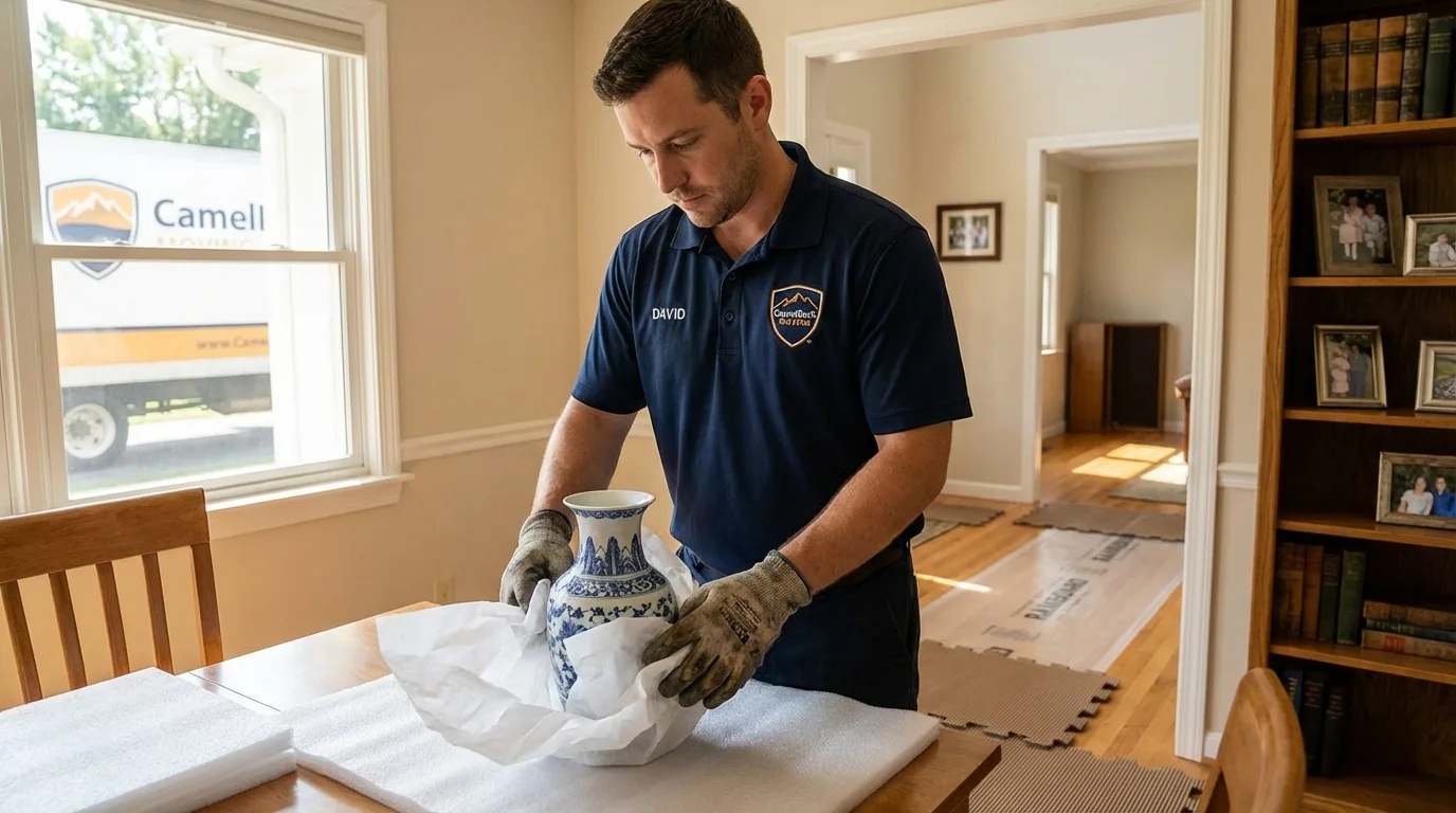 Professional crew carefully wrapping antique vase for senior downsizing move in Lake Mills, WI